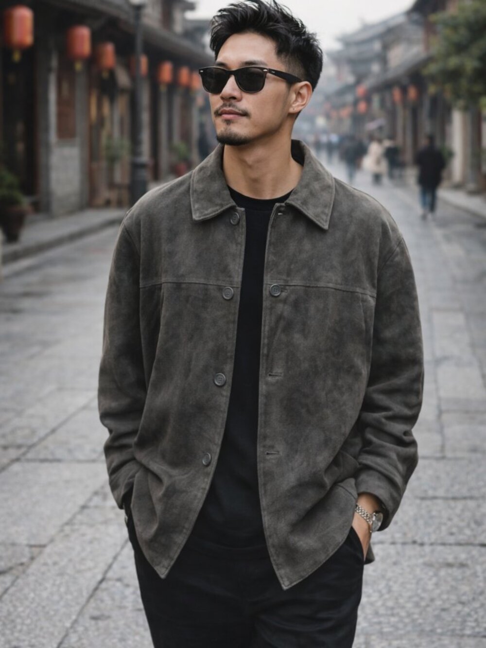Britches Men’s Green Suede Leather Jacket L Button Front Oversized Coat